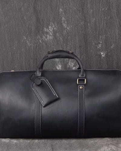 Men's Crazy Horse Midhnight Black High Quality leather duffle bag with shoe compartment