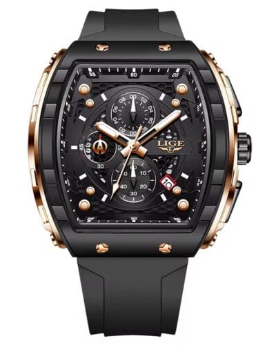 LIGE 89148 Rectangle Men Watches Quartz 3atm Waterproof Chronograph Silicon Strap Watch