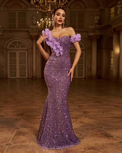 Sweetheart Neckline Ruffles Mermaid Purple Sequin Long Sexy Elegant Gown Evening Dress