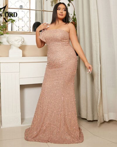 One Shoulder Ruffles Mermaid Sequin Floor-Length Long Elegant Plus Size Evening Dress