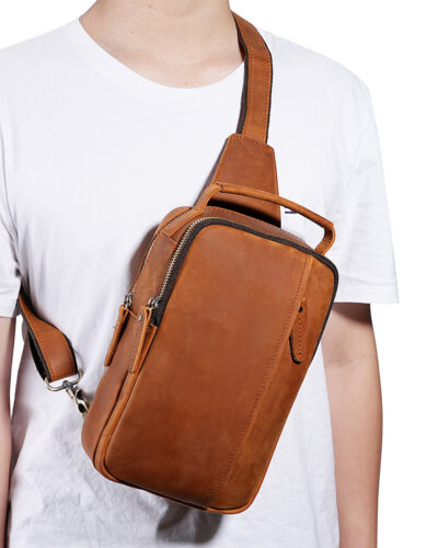 Durable Premium Real Leather Chest Bag Zipper Leisure Vintage Cowhide Shoulder Bag for Men